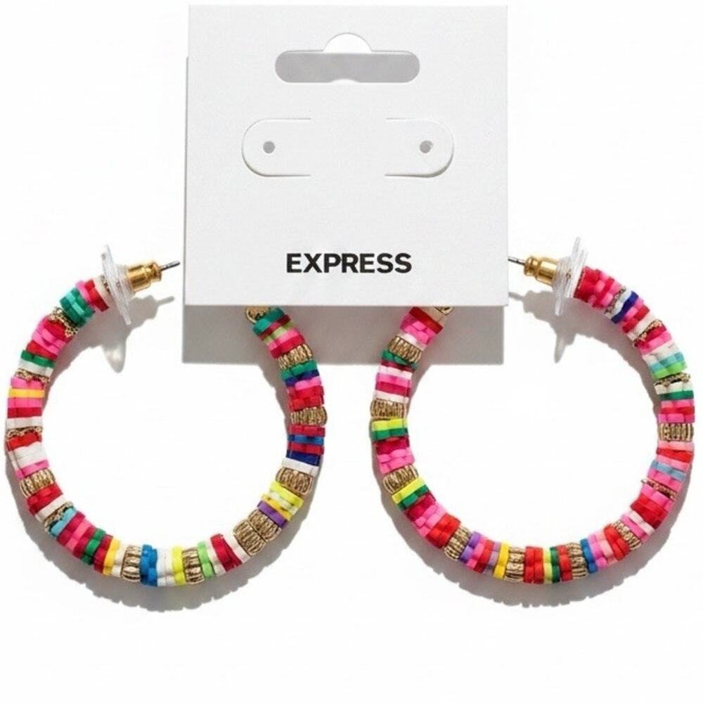 Express Multicolor Heishi Clay Bead Hoop Earrings Gold-Tone Summer Boho